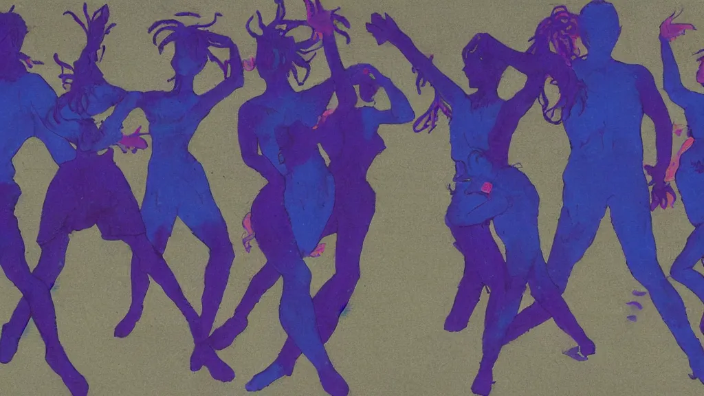 Image similar to a group of 5 people people seen from the front dancing together, dark blue and intense purple color palette, in the style of amano yoshitaka