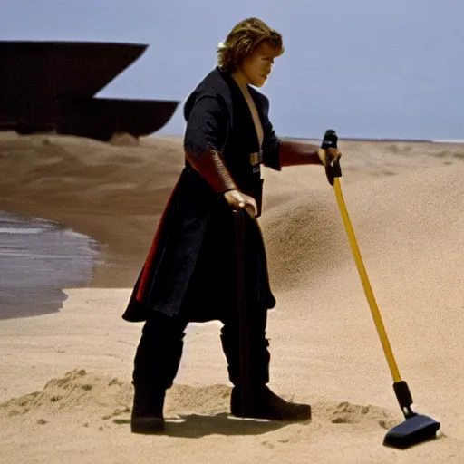 Image similar to anakin skywalker vacuuming the beach to remove sand