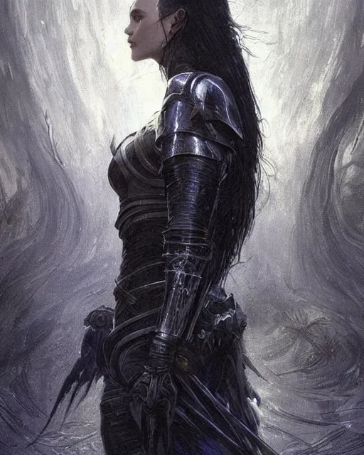 Image similar to a beautiful woman dark hair in an armor with dark eyes, elegant, dark blue, ethereal horror fantasy art by greg rutkowski and magali villeneuve and claude monet detailed