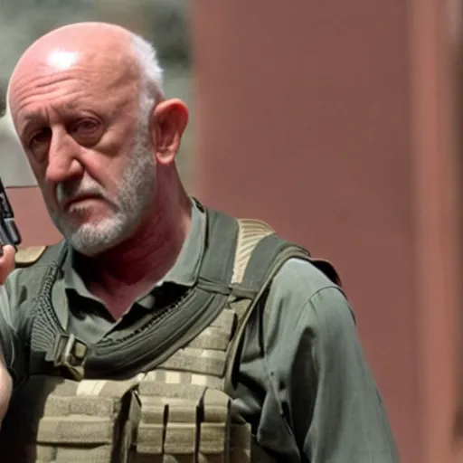 Image similar to Film Still of Mike Ehrmantraut carrying a sniper rifle and wearing a bulletproof vest, 4k, highly detailed