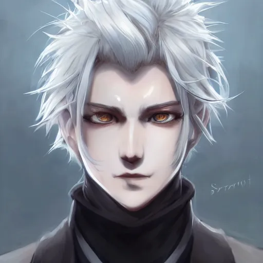 Image similar to Semi realistic anime illustration of white haired parted down the middle short hair man, with beautiful hyperdetailed black sclera eyes, full face portrait made by Stanley Artgerm, WLOP, Rossdraws, James Jean Andrei Riabovitchev, Marc Simonetti, Yoshitaka Amano, Artstation