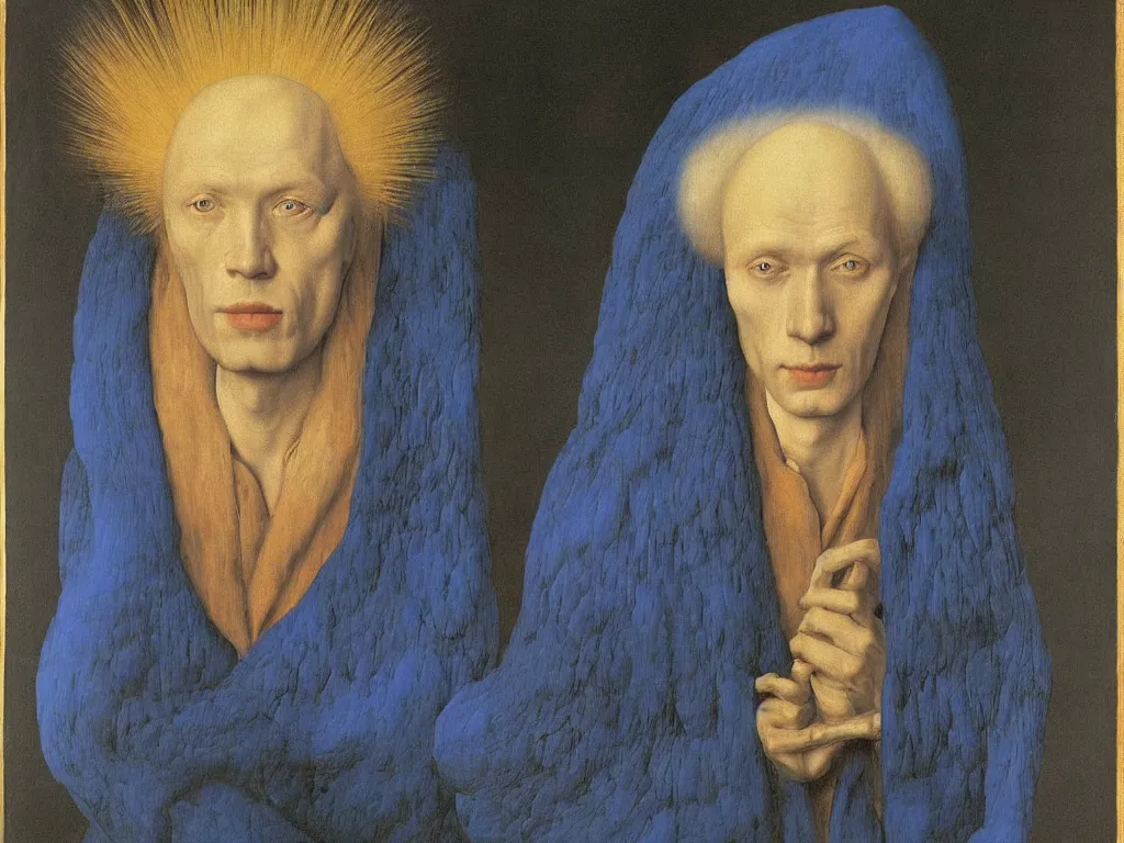 Image similar to Portrait of albino mystic with blue eyes, with flames. Painting by Jan van Eyck, Audubon, Rene Magritte, Agnes Pelton, Max Ernst, Walton Ford