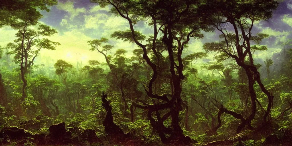 Prompt: landscape image of an extremely alien jungle planet, by Albert Bierstadt