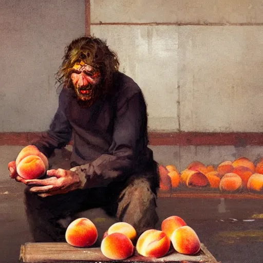 Prompt: feral man eating peaches in a factory, hunched over, mild mild impressionism, factory background, sharp colors, by greg rutkowski and asher duran