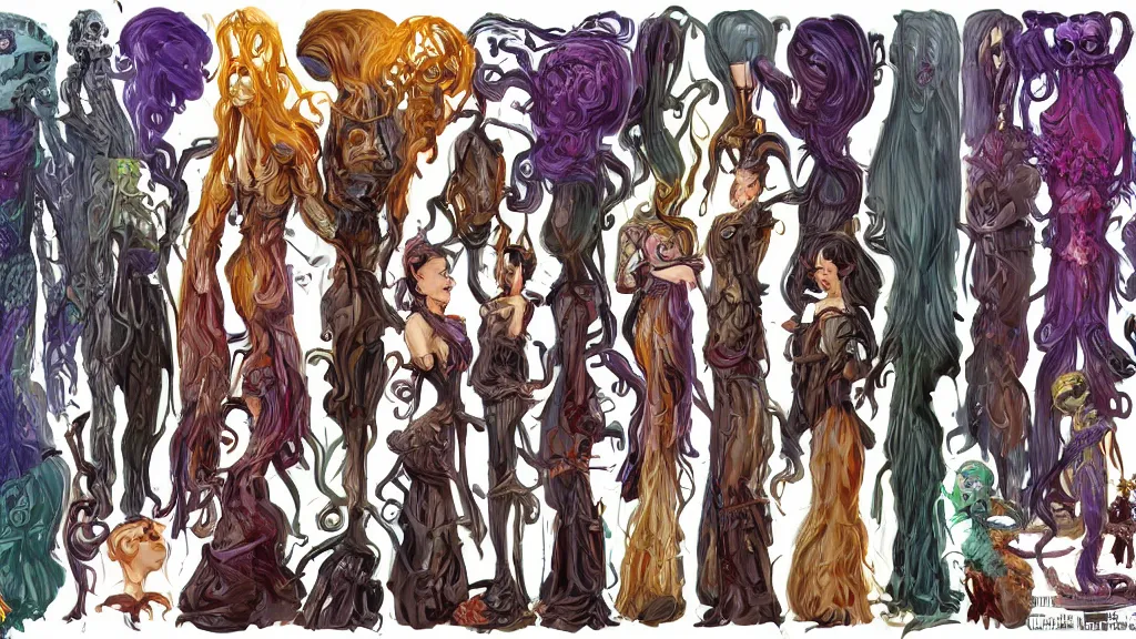 Image similar to highly detailed colorful character sheet for a stocky extraterrestrial victorian female servant maid with thick snake - like tentacles for hair, long dress with apron, star wars, jim henson creature shop, farscape, impact by craig mullins, by studio ghibli, digital art, trending on artstation, hd, 8 k, highly detailed, good lighting, beautiful, masterpiece