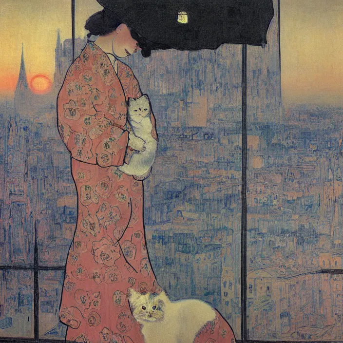 Image similar to portrait of sad woman in kimono and persian cat with city with gothic cathedral seen from a window frame with curtains. cloudy sunset. mikalojus konstantinas ciurlionis, henri de toulouse - lautrec, paul delvaux, utamaro, matisse, monet