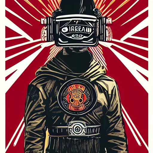 Image similar to !dream Illustrated by Shepard Fairey and H.R. Geiger | Cyberpunk Samurai with VR helmet, surrounded by cables