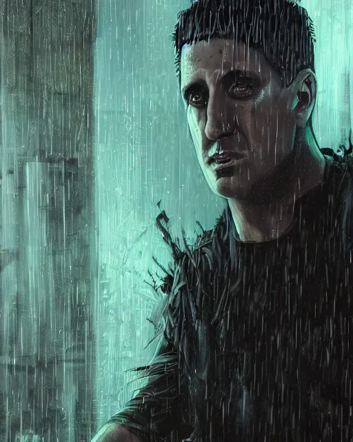 Image similar to An epic fantasy comic book style portrait painting of a very imposing Industrial goth Trent Reznor in the rain, wet hair, neon reflections, character design by Mark Ryden and Pixar and Hayao Miyazaki, unreal 5, DAZ, hyperrealistic, octane render, cosplay, RPG portrait, dynamic lighting, intricate detail, cinematic