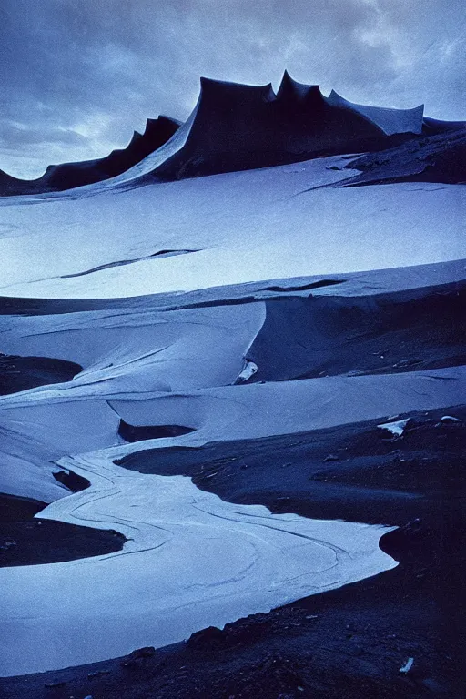 Prompt: emissary edge of a glacier in iceland by arthur haas and bruce pennington and john schoenherr, cinematic matte painting, zaha hadid building, photo realism, dark moody color palate, blue hour stars, desolate glacial landscape,