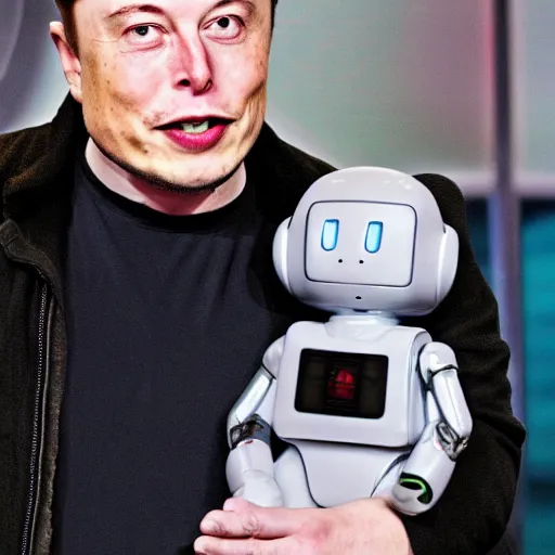 Prompt: elon musk holding his robot son