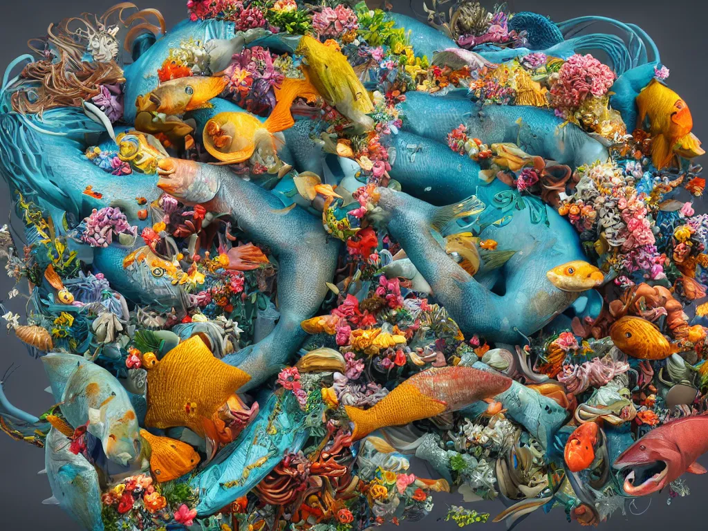 Image similar to a sculpture of fish ocean intertwined, a lovely cornucopia of flowers and human body parts, body parts, highly detailed, octane render, cinematic, shock, sharp focus, whole of cycle sharp