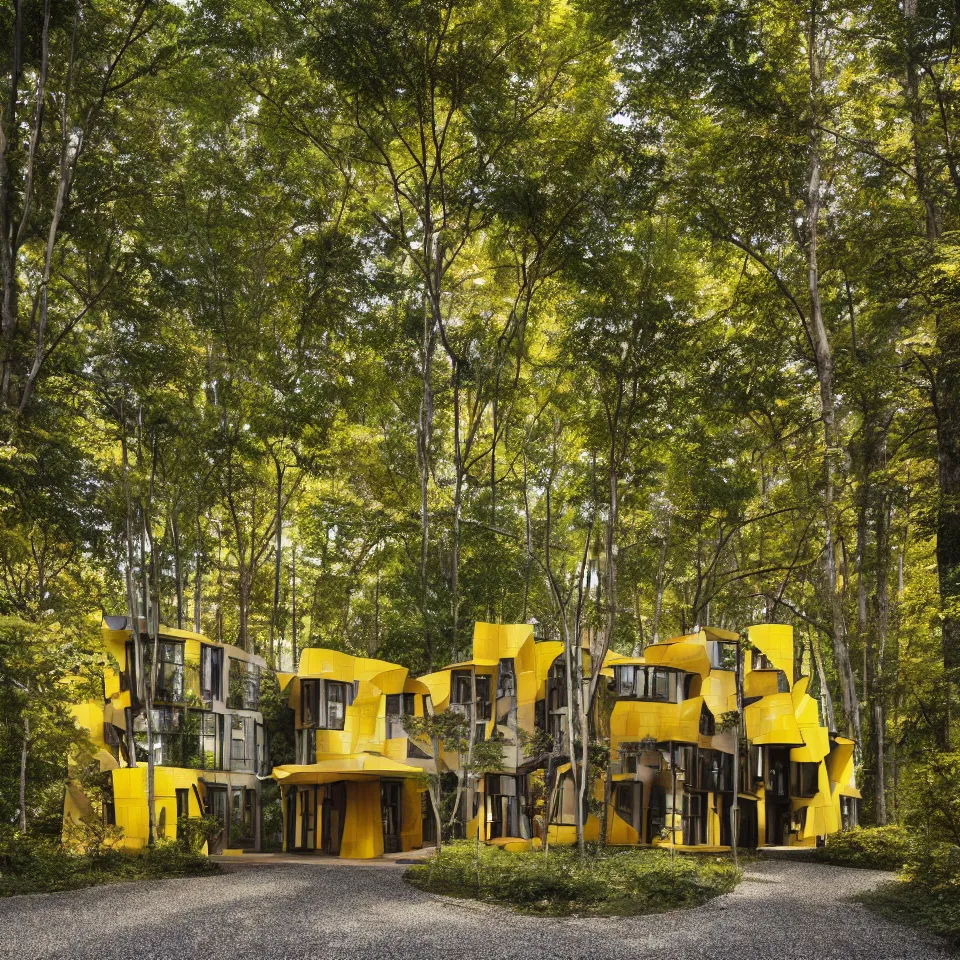 Image similar to a flat house in a light forest clearing, designed by Frank Gehry. Tiles. Gravel pathway with parking. Film grain, cinematic, yellow hue