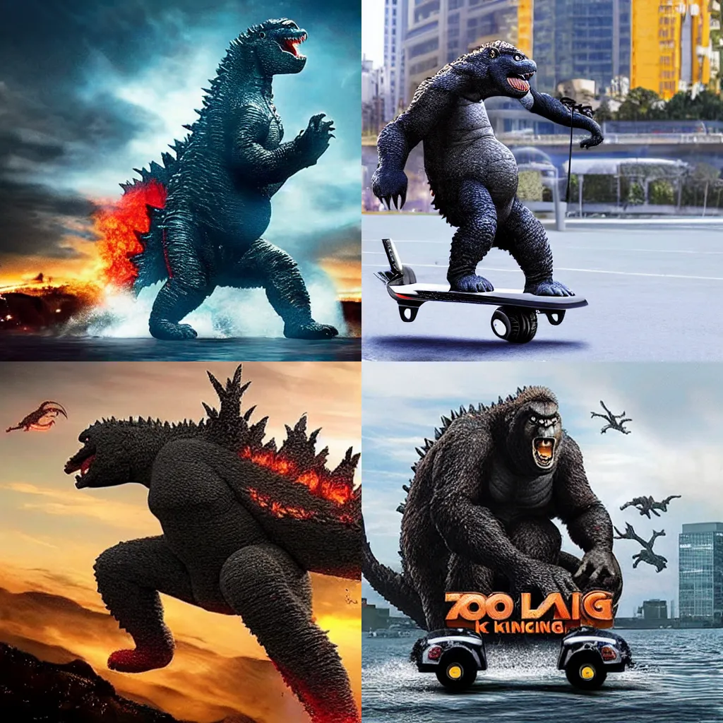 Prompt: Godzilla fighting king Kong on hoverboards