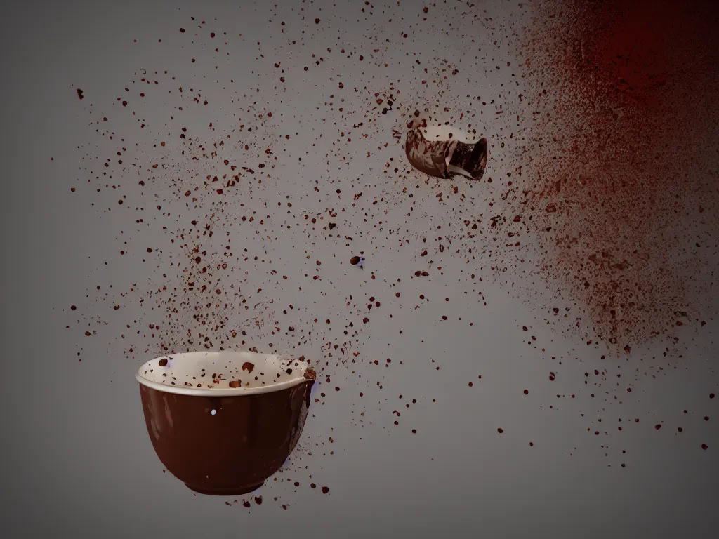 Prompt: 3D art, a coffee cup shattering against a wall, coffee splash, simulation, render, octane render, zbrush, ultra detailed