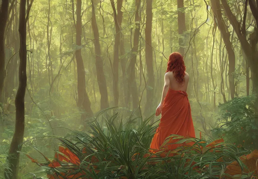 Image similar to a woman seen from behind from far away with copper hair and a flowing sundress dreaming in a forest, fine details by realistic shaded lighting poster by ilya kuvshinov katsuhiro otomo, magali villeneuve, artgerm, jeremy lipkin and michael garmash and rob rey, art nouveau, alphonse mucha, william - adolphe bouguereau, golden hour