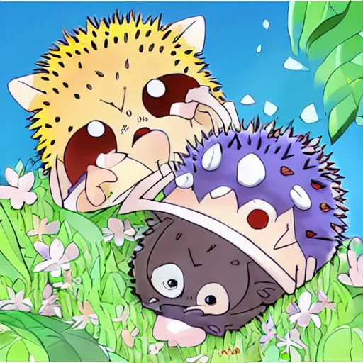 Image similar to baby hedgehogs in the style of cute anime, adorable, cute, art station