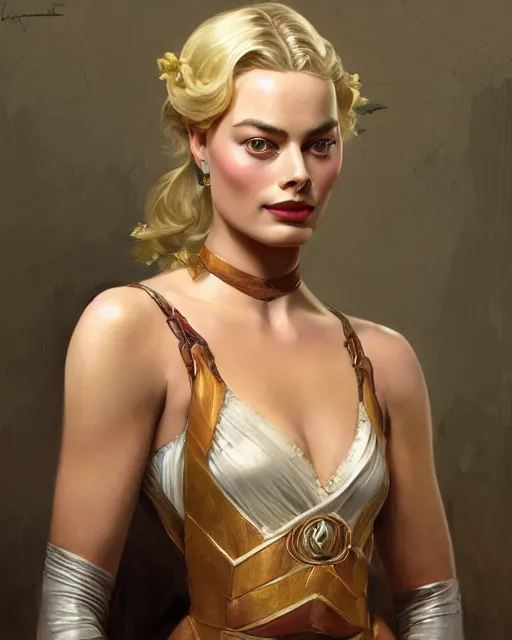 Prompt: Margot Robbie, oil on canvas, artstation, by J. C. Leyendecker and Edmund Blair Leighton and Charlie Bowater, octane