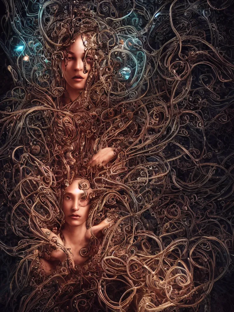 Prompt: beautiful portrait of the priestess of pain and sorrow, bio-mechanical cathedral ,intricate tendrils, chaotic swirling ferrofluids, baroque, octane render, glow, surreal dramatic lighting, intricate details and ornaments, 8k, cinematic, blur, shallow depth of field, neuro web, plasma, neon