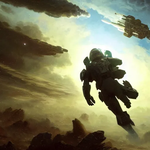 Image similar to Master chief falling from orbit, atmospheric re-entry, UHD, 4K, highly detailed, sharp focus, photorealistic, by Thomas Kincade, Greg Rutkowski, Trending on Art station.