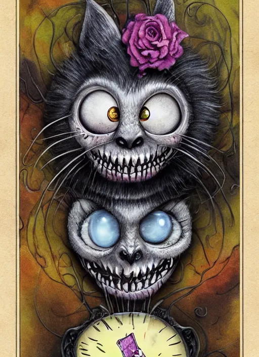 Prompt: cheshire cat having a cigar death tarot card, highly detailed, half skull face, cinematic, 8 k, bymegan duncanson, benjamin lacombe, naoto hattori, adrian borda, giger, trending on deviantart, hyper detailed, horror, full of colour