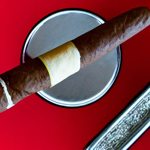 Image similar to cigar with smoke wafting up from it on a red background, logo