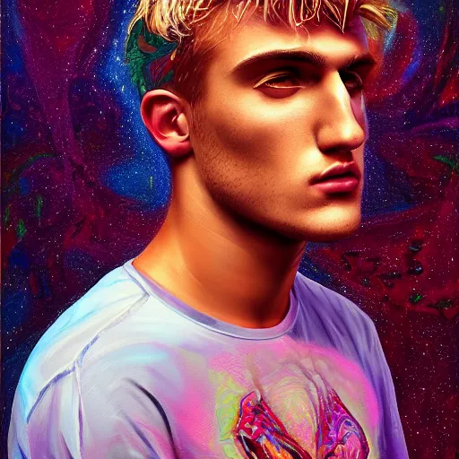 Prompt: an extremely psychedelic portrait of jake paul, surreal, lsd, face, detailed, intricate, elegant, lithe, highly detailed, digital painting, artstation, concept art, smooth, sharp focus, illustration