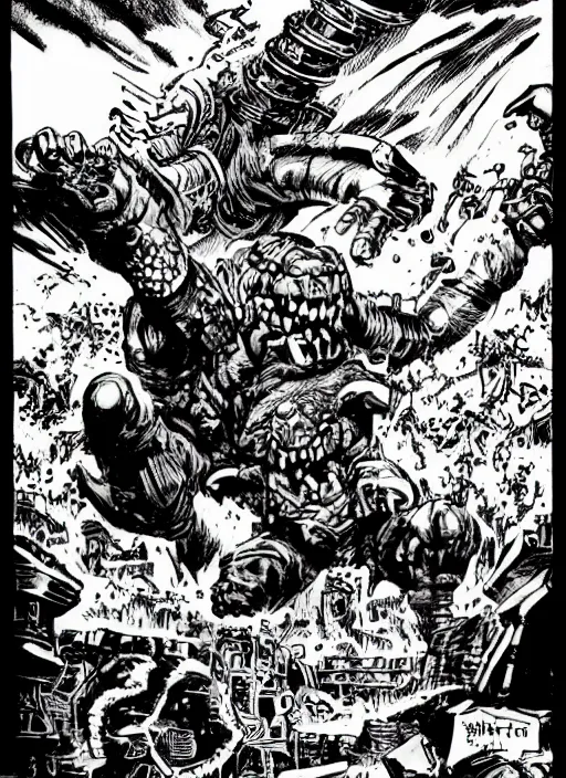 Image similar to detailed fantasy comic book drawing of a ( mechanical ogre ) attacking a ( stronghold castle ) by jack kirby!!! and gris grimly, cinematic, epic, awesome bright color palette, hard contrast, black ink outlines