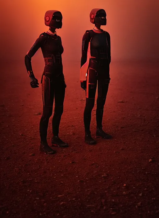 Image similar to cinestill 5 0 d photographic portrait by steve mccurry of two lesbian female androids wearing rugged black mesh techwear on a desolate plain with a red sky, extreme closeup, cyberpunk style, dust storm, 8 k, hd, high resolution, 3 5 mm, f / 3 2, ultra realistic faces, ex machina, blade runner