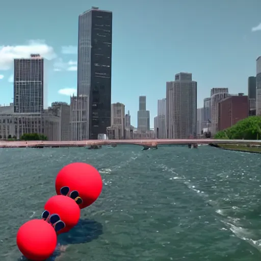 Prompt: live footage of a giant katamari rolling down chicago's lake shore drive, 4 k screen capture