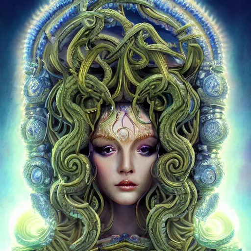 Image similar to ultradetailed ornate sci-fi RPG illustration of a beautiful symmetric Medusa radiating a glowing aura wearing a roots flower armor with much decorum, digital airbrush painting, 3d rim light, hyperrealistic masterpiece, artstation, cgsociety, kodakchrome, golden ratio