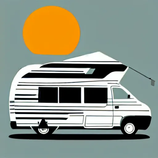 Image similar to minimal vector art sticker of a white and black cute thor chateau! motorhome camper!!, mountains, colorful sunset!!, thick lines, very minimal vector art, sticker!! by tom whalen