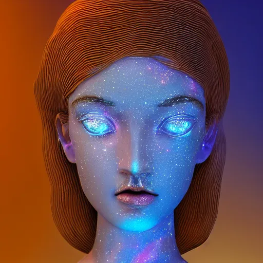 Image similar to sponge sculpture goddess of space, beauty, pretty face, glossy skin, stars, glowing, soft light, hdri, smooth, sharp focus, fantasy, intricate, elegant, highly detailed, 8 k