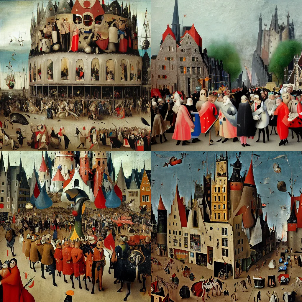 Prompt: very detailed oil painting of macy\'s day parade, by hieronymous bosch, 4k, digital art