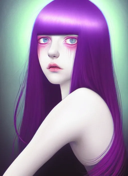 Image similar to hair whitebangs hair, black hair, whitebangs, portrait of teenage girl with white bangs, red irises, purple clothes, white bangs, bangs are different color from hair, intricate, elegant, glowing lights, highly detailed, digital painting, artstation, concept art, smooth, sharp focus, illustration, art by wlop, mars ravelo and greg rutkowski