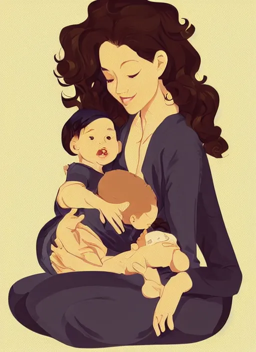 Image similar to a mother with short wavy curly light brown hair is sitting in a chair cradling a newborn baby. clean cel shaded vector art. shutterstock. behance hd by lois van baarle, artgerm, helen huang, by makoto shinkai and ilya kuvshinov, rossdraws, illustration, art by ilya kuvshinov