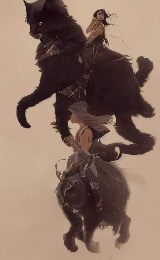 Prompt: an indian girl riding a large black and white cat, highly detailed, digital painting, artstation, concept art, sharp focus, illustration, art by greg rutkowski and alphonse mucha