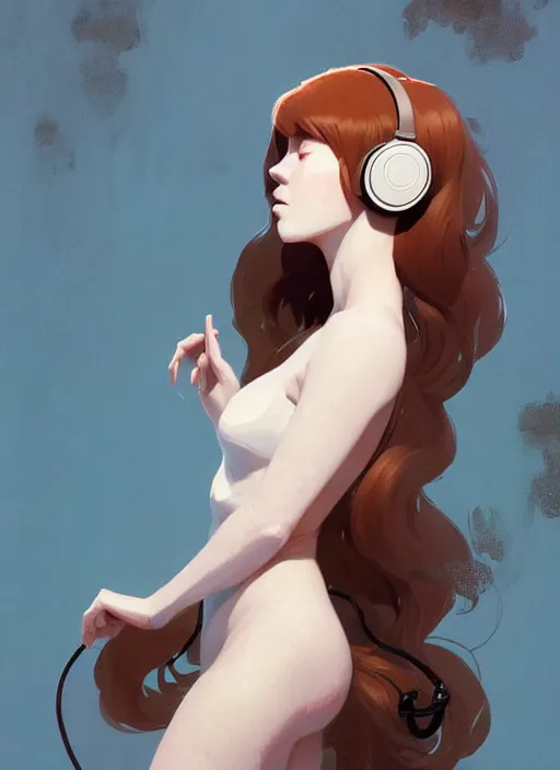 Image similar to beautiful artistic - wave highly detailed full body portrait female, with head phones, long red hair, perfect body anatomy, by atey ghailan, by greg rutkowski, by greg tocchini, by james gilleard, by joe fenton, by kaethe butcher, dynamic lighting, gradient light blue, brown, blonde cream and white color scheme, grunge aesthetic