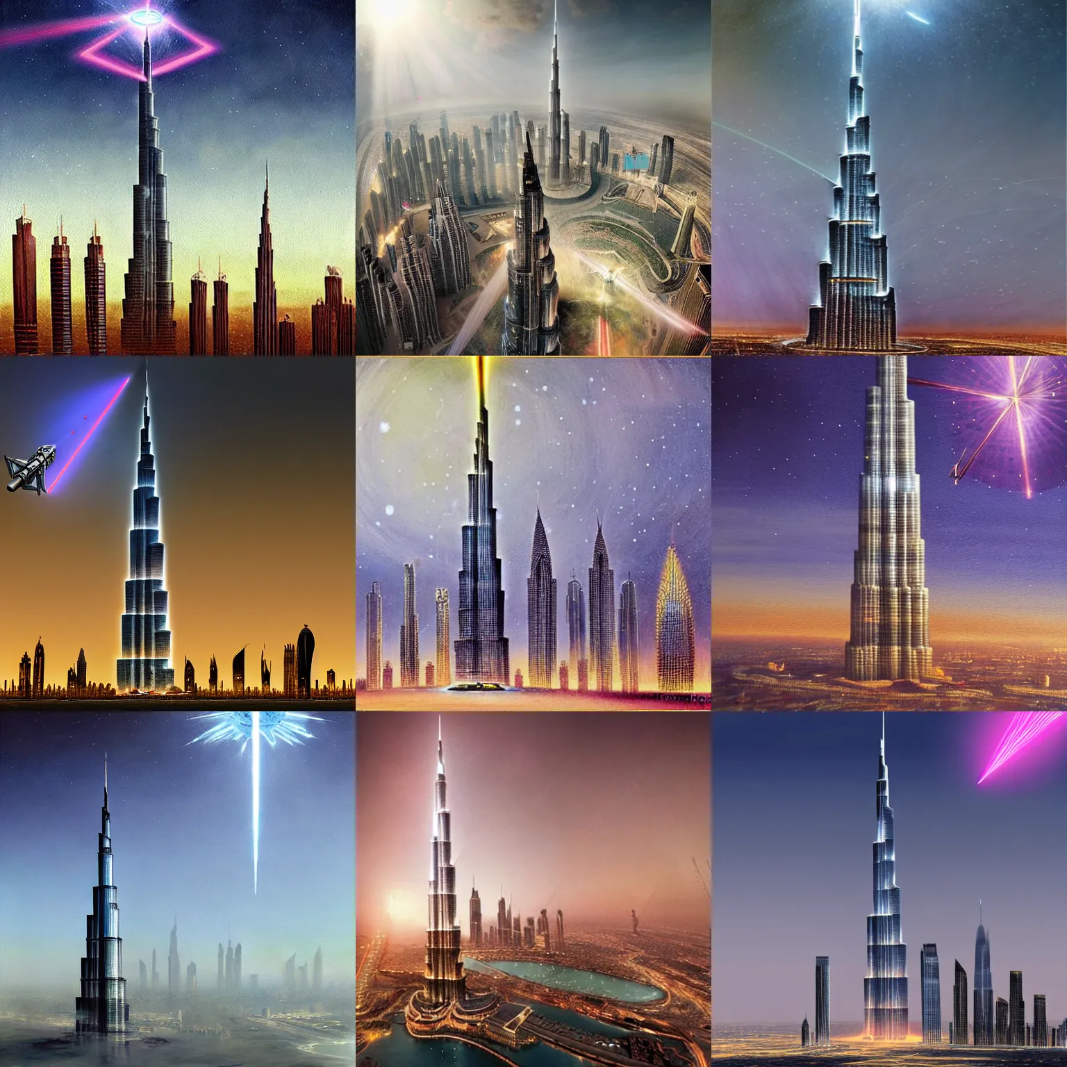 Prompt: a UFO attacking with a laser the Burj Khalifa, realistic painting, classical painting, high definition, digital art, matte painting, very detailed, realistic