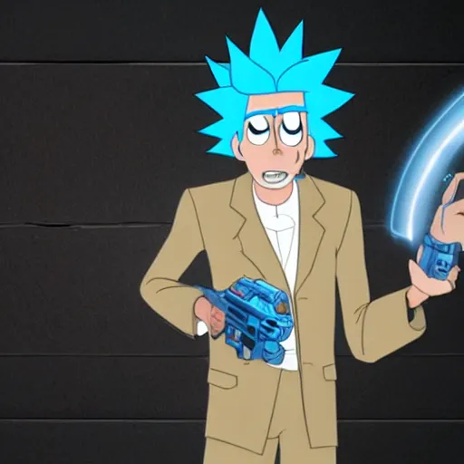 Prompt: Rick Sanchez as a real-life person, studio portrait, real-life-action movie star, holding a portal gun, opening a portal, Rick Sanchez