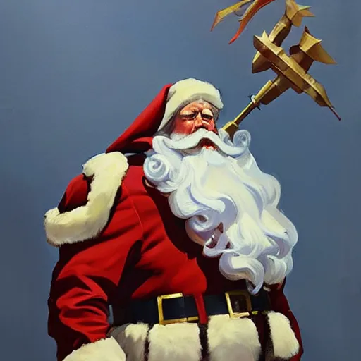 Prompt: greg manchess portrait painting of fully armored santa claus as overwatch character, medium shot, asymmetrical, profile picture, organic painting, sunny day, matte painting, bold shapes, hard edges, street art, trending on artstation, by huang guangjian and gil elvgren and sachin teng