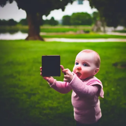 Prompt: A photography of a baby holding an iphone