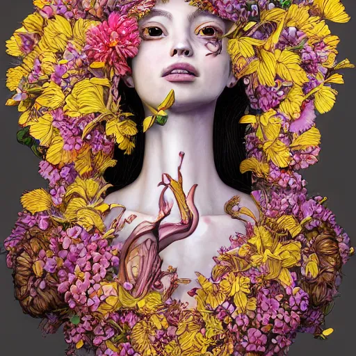 Prompt: the portrait of an absurdly beautiful, graceful, elegant, chaste, young woman made of bananas and petals looking up, an ultrafine detailed illustration by kim jung gi, irakli nadar, intricate linework, bright colors, octopath traveler, final fantasy, angular, unreal engine 5 highly rendered, global illumination, radiant light, detailed and intricate environment