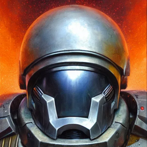 Image similar to the doomslayer with a broken helmet as a realistic scifi cyberpunk knight, closeup portrait art by donato giancola and greg rutkowski, vintage retro scifi, realistic face, digital art, trending on artstation, symmetry!!