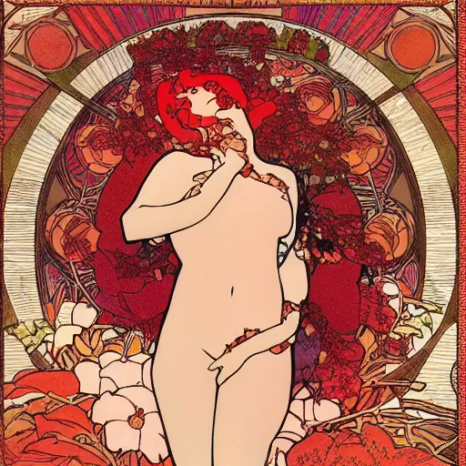 Image similar to A girl lying on a bush, hopeful ,rose .red and orange theme by mucha and murata range