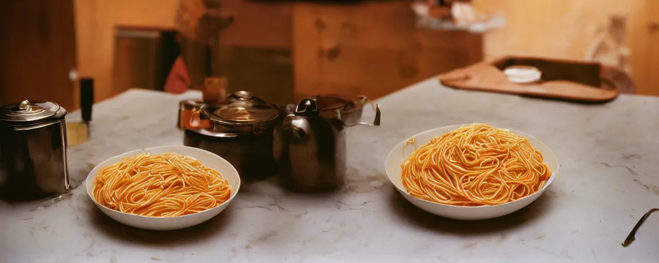 Image similar to one single bowl of spaghetti, beautifully garnished on a kitchen table, minimal, sharply focused, canon 5 0 mm, wes anderson film, kodachrome