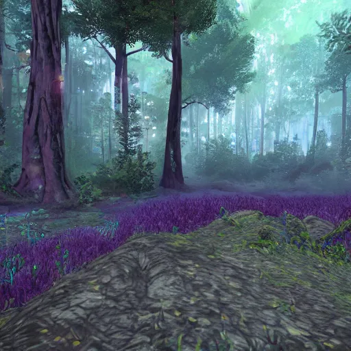 Image similar to warrior cats forest location, path, dark, purple a bit, unreal engine