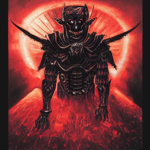 Prompt: a portrait demon in iron armor with diamonds sits on the black throne of death and looks with red eyes into the darkness against the background of a bright red sun