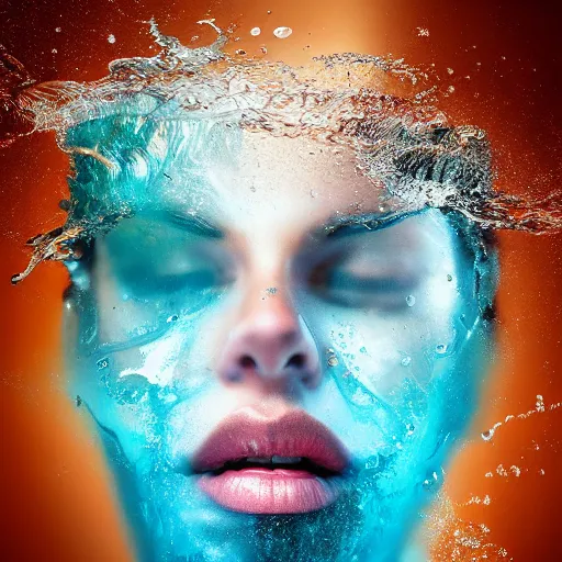 Image similar to water artwork manipulation in the shape of a human head, on the ocean water, ray tracing, realistic water sharp focus, long shot, 8 k resolution, cinematic, amazing water art, cgsociety, surreal water art