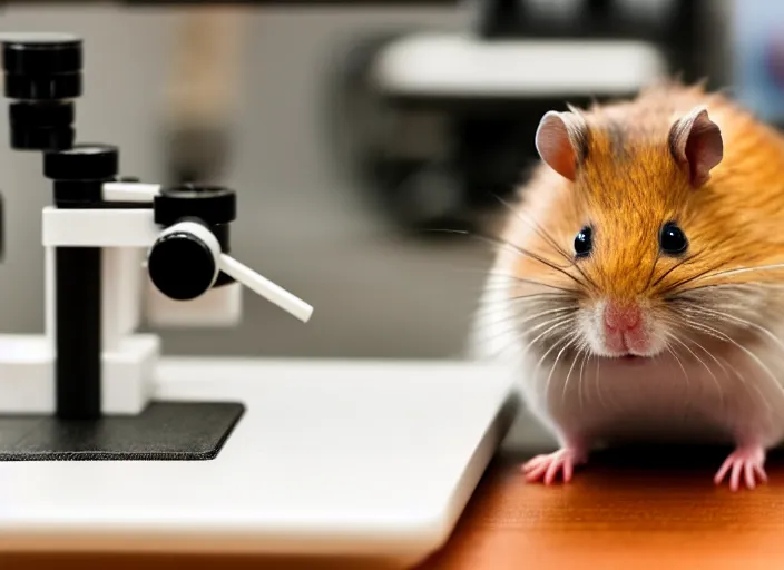 Image similar to film still of a hamster working in a research lab using a tiny microscope, 8 k