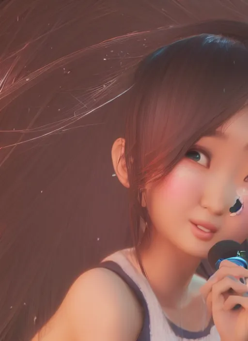 Image similar to a cute asian girl singing, flowing hair in the style of pixar animation, mid-shot, award winning, hyper detailed, studio lighting, artstation, octane renderer, unreal engine